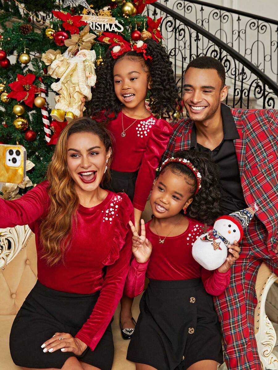 SHEIN Clasi Women's Fashion Christmas Party Matching Velvet Top & Asymmetric Knit Skirt Set, Fall/Winter Christmas Party Family Outfits Christmas Women Clothes - Multicolor - View 1