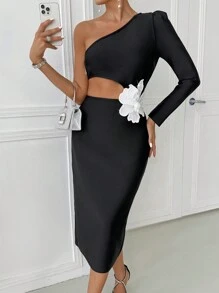 Zolique Black 3D Pearl Embroidery  Applique Asymmetric Neck Long Sleeve Hollow Out Bandage Dress,Bandage Bodycon Dress,Date Night Dresses,Black Midi Dress,Sexy Black Dress,Christmas Party Dress,Elegant Dress,New Year Eve Dress,Black Tube Dress,Black Fluffy Dress,Holiday Dress,Formal Dress Fall Cloth For Women - Black - View 5