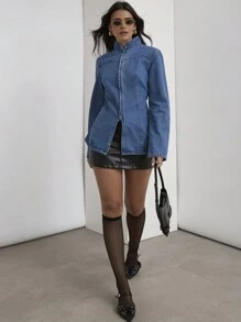 COSMINA Chaqueta vaquera casual con cremallera delantera para mujer, para otoño - azul real - Ver 3