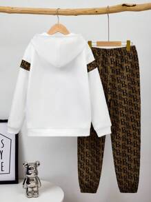 SHEIN Tween Boys 2pcs/Set Letter Pattern Patchwork Hooded Sweatshirt Outfit, Autumn - Black - View 2