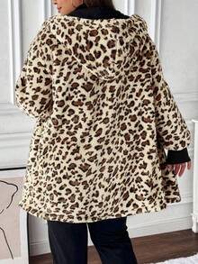 SHEIN LUNE Áo khoác lông cừu trùm đầu có khóa kéo họa tiết da báo ấm áp mùa đông, cỡ lớn - Nhiều màu - Xem 4