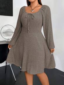 Vionelle 大码女式纯色前系带插肩袖罗纹休闲中长连衣裙，秋季 - 摩卡棕 - 查看 4