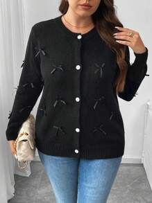 Flirla 大码纯色圆领蝴蝶结装饰修身长袖针织开衫 - 黑色 - 查看 6