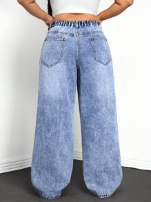 CovetEZ 大码休闲日常洗水斜口袋宽松直筒牛仔裤，春秋季 - 中等水洗藍 - 查看 2