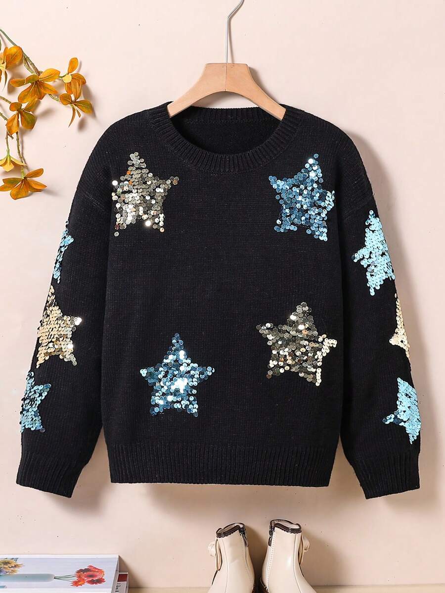 Tween Girl Thick Sparkly Star Jacquard Crew Neck Pullover Sweater, European And American Style, Suitable For Outdoor Sports, Shopping, Party, Autumn/Winter
