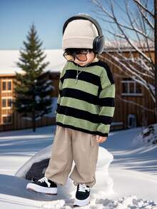 1pc Casual Academy Style Comfortable & Fashionable Loose Fit Deer Fleece Striped Crew Neck Sweater, Suitable For Kids Sweater, Christmas Sweater, Nightmare Before Christmas Kids Outfits, Young Boy Clothes, School & Back To School Boys Outfits, Suitable For Daily Wear, School, Travel, Sports, Autumn & Winter Season - Green - View 3