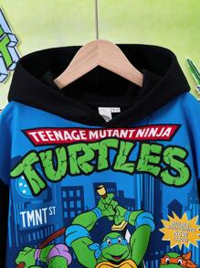 TEENAGE MUTANT NINJA TURTLES | SHEIN Tween Boy Cute Cartoon Turtle Print Drop Shoulder Loose Fit Hoodie Black Sweatshirt, Casual Winter/Autumn, For Christmas - Black - View 4