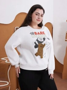 We Bare Bears X SHEIN 大码 2 件套休闲可爱熊猫、白熊、棕熊印花圆领长袖宽松运动衫和紧身裤，秋冬 - 黑與白 - 查看 3
