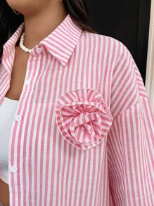 SHEIN Frenchy 大码女式条纹落肩长袖 3D 花卉衬衫，秋季 - 粉色 - 查看 6