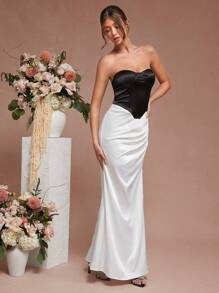 L'Amorae Satin Two Tone Pleated Mermaid Hem Dress - Black and White - View 5