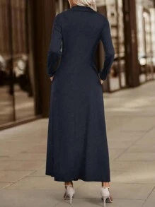 EMERY ROSE Women's Autumn Long Sleeve Long Dress With Turndown Collar, Can Be Worn As Layering Maxi Women Outfit Fall Cloth For Women - Navy Blue - View 2