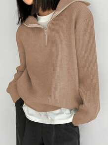 DAZY Áo len chui đầu cổ tròn màu trơn có khóa kéo cho nữ, mùa thu/đông - Lạc đà - Xem 5