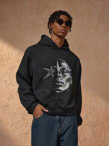 Forever 21 Men's Casual Street Style Versatile Portrait Abstract Print, Snowflake Fabric Loose Hooded Sweatshirt - Black - View 1