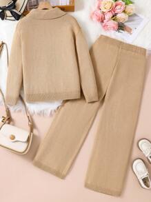 SHEIN 两件套针织套装，适合少女，领口蝴蝶结针织毛衣和阔腿针织裤，时尚、优雅、可爱，秋冬 - 卡其色 - 查看 2