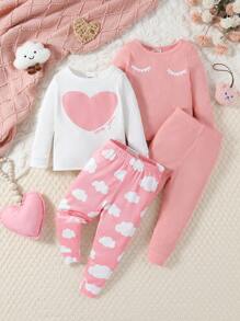 2 件套女婴心形字母和睫毛印花粉色长袖上衣和裤子紧身睡衣 - 粉色 - 查看 2