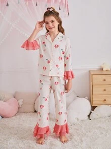 SHEIN 青少年女孩甜美花卉印花领长袖衬衫和撞色荷叶边宽松裤，休闲舒适睡衣套装，2 件（单独出售），圣诞节礼物 - 彩色 - 查看 5
