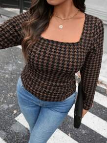 SHEIN LUNE Camiseta minimalista de manga larga con cuello cuadrado a lunares de talla grande, atuendo casual para uso diario/vacaciones de otoño