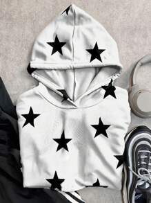 Muchica Women's All Over Star Print White Casual Loose Thin Hoodie Sweatshirt, Suitable For Autumn And Winter