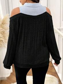 SHEIN Frenchy Áo nỉ hở vai kẻ sọc thường ngày cỡ lớn - màu đen - Xem 2