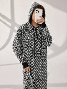 Mulvari 1 件女士几何印花连帽领休闲百搭长袖毛衣连衣裙 - 黑與白 - 查看 3