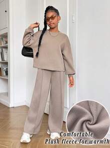 SHEIN Leap Crew Tween Girls Casual Everyday Crew Neck Sweatshirt And Loose Wide Leg Pants 2 Pieces Set