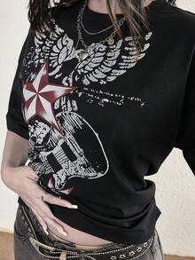 Camiseta de cuello redondo de manga corta con estampado gráfico de guitarra en estilo vintage Y2K para mujer