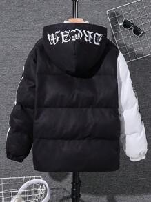 Tween Boy's Black Colorblock Hooded Thick Jacket For Winter,Smart Back-To-School Outerwear,Suitable For School,Parties,Outdoor Play & Casual Wear - Black and White - View 2