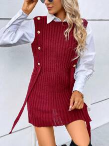 SHEIN Essnce 1 件女式纽扣装饰罗纹针织背心，休闲日常穿着，秋冬 - 紅色 - 查看 6