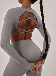 Musera Sport Cross Back Crop Long Sleeve Gym Top, Padel, Tennis, Pickleball Gym Fitness Yoga Pilates Daily Casual - Grey - View 5