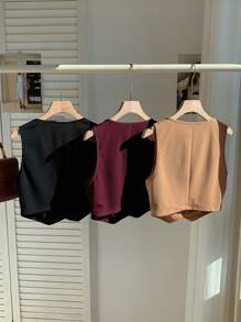 Comfortcana Bộ 3 món dành cho nữ: Áo vest không tay cài nút phía trước đơn giản, thường ngày cho mùa thu/đông - Nhiều màu - Xem 2