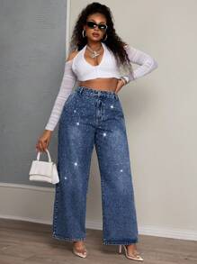SHEIN X LOS FAVORITOS DE LA FATSHIONISTA SHEIN ICON Plus Size Women Rhinestone Embellished Solid Color Pockets Straight Leg Casual Jeans - Blue - View 3