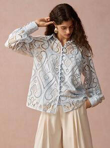 Enchnt Women Light Blue Hollow-Out Embroidered Raglan Sleeve Single-Breasted Blouse,Summer Elegant Tea Party Long Sleeve Top,Christmas New Year Wear - Blue - View 8