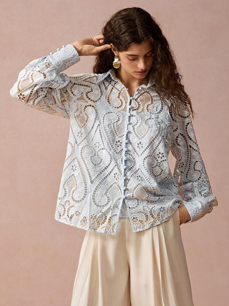 New Autumn Winter Products, Women Hollow-Out Embroidered Raglan Sleeve Single-Breasted Romantic & Elegant  Blouse,Fall Winter Women's Clothing, Winter Top, Long Sleeve Top,Fall Women Outfits,Winter Clothes,Christmas Women Clothes,Vacation Top,New Years Clothes