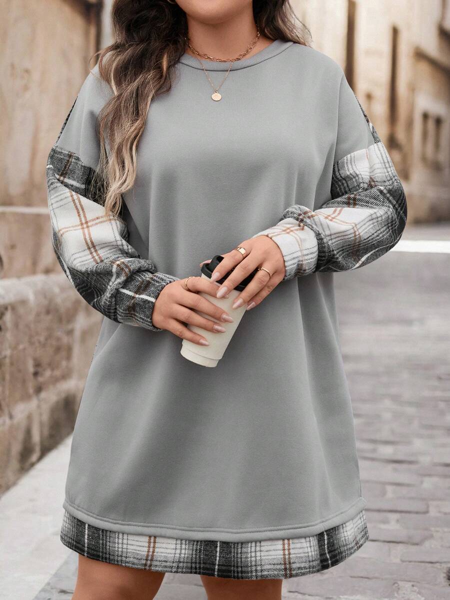 SHEIN LUNE Women Plus Size Casual Plaid Patchwork Drop-Shoulder Loose Dress, Autumn Plus Size Fall Clothes Dresses For Women - Multicolor - View 1