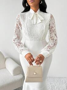 SHEIN Lady 白色领口吊带蕾丝连衣裙修身鱼尾优雅连衣裙荷叶边设计蕾丝长袖女式中长连衣裙白色连衣裙 - 白色 - 查看 3