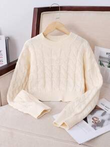 SHEIN Suéter corto de punto de cable en color beige liso con hombros caídos para niña preadolescente, para uso diario
