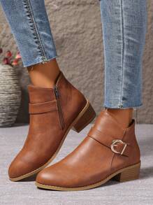 1 Pair Elegant & Fashionable Chunky Heel Boots, Suitable For Teens/Adolescent Girls - Brown - View 6