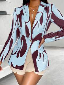 SOLERSUN Allover Printed Single-Breasted Waist Cinching Blazer Fall Cloth For Women - Baby Blue - View 5