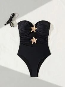 Swim Chiccia 1 件女式可拆卸肩带镂空海星点缀褶皱连体泳衣夏季 - 黑色 - 查看 4