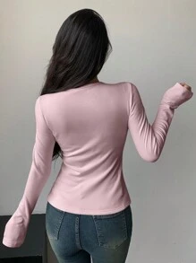 DAZY Áo thun nỉ bó màu trơn thường ngày dành cho nữ, Áo dài tay thu/đông dành cho nữ - Hồng - Xem 5