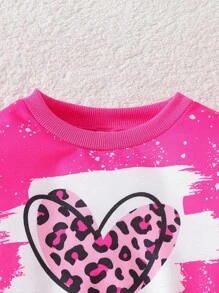 SHEIN 2 piezas Conjunto de sudadera con estampado digital de corazón y pantalones acampanados con cintura elástica para niña joven, primavera otoño