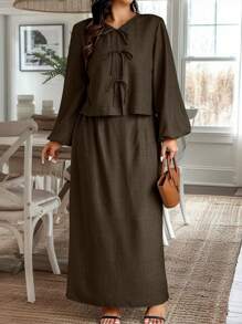 Calvaya Plus Size 2Pcs Set Casual Solid Color Lantern Sleeve Tie Waist Top And Skirt, Autumn Fall Cloth For Women - Coffee Brown - View 4
