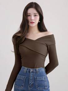 Wynsel Tee-shirt décontracté élégant à épaules dénudées pour femmes, couleur unie, marron café, manches longues pour automne/printemps - Marron - Voir 3