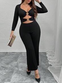 SHEIN Privé Plus Size Cut-Out Metal Floral & Rose Long Sleeve Jumpsuit - Black - View 4