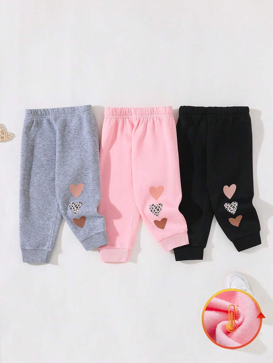 SHEIN Playful Pals 3 Pairs Baby Girl Casual Cute Heart Print Thermal Lined Sweatpants, Suitable For Autumn & Winter - Multicolor - View 1
