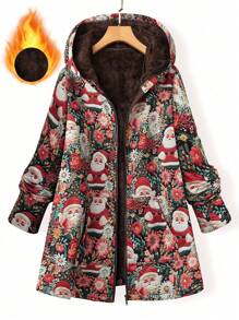Christmas Plus Size Santa Claus Print Thermal Lined Zipper-Up Hooded Sweatshirt For Autumn/Winter