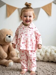 2pcs Baby Girls' Casual Cute Knit Checkerboard Heart Print Collared Cardigan Top And Allover Print Pants Homewear Set - Baby Pink - View 3