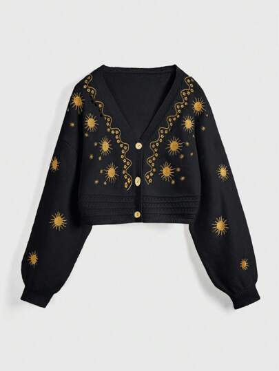 Hippie Women's Casual Sun & Moon Bohemian Embroidery Drop Shoulder Loose Short Lightweight Cardigan