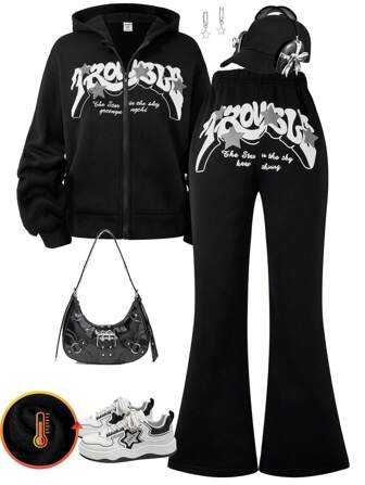 SHEIN 2st Tween Girls Casual Hoodie med slogantryck med dragkedja och utsvängda byxor, höst