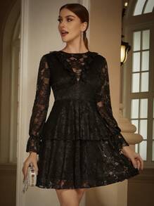 Eilly Bazar Ruffle Trim Flounce Sleeve Lace Party Dress - Black - View 1